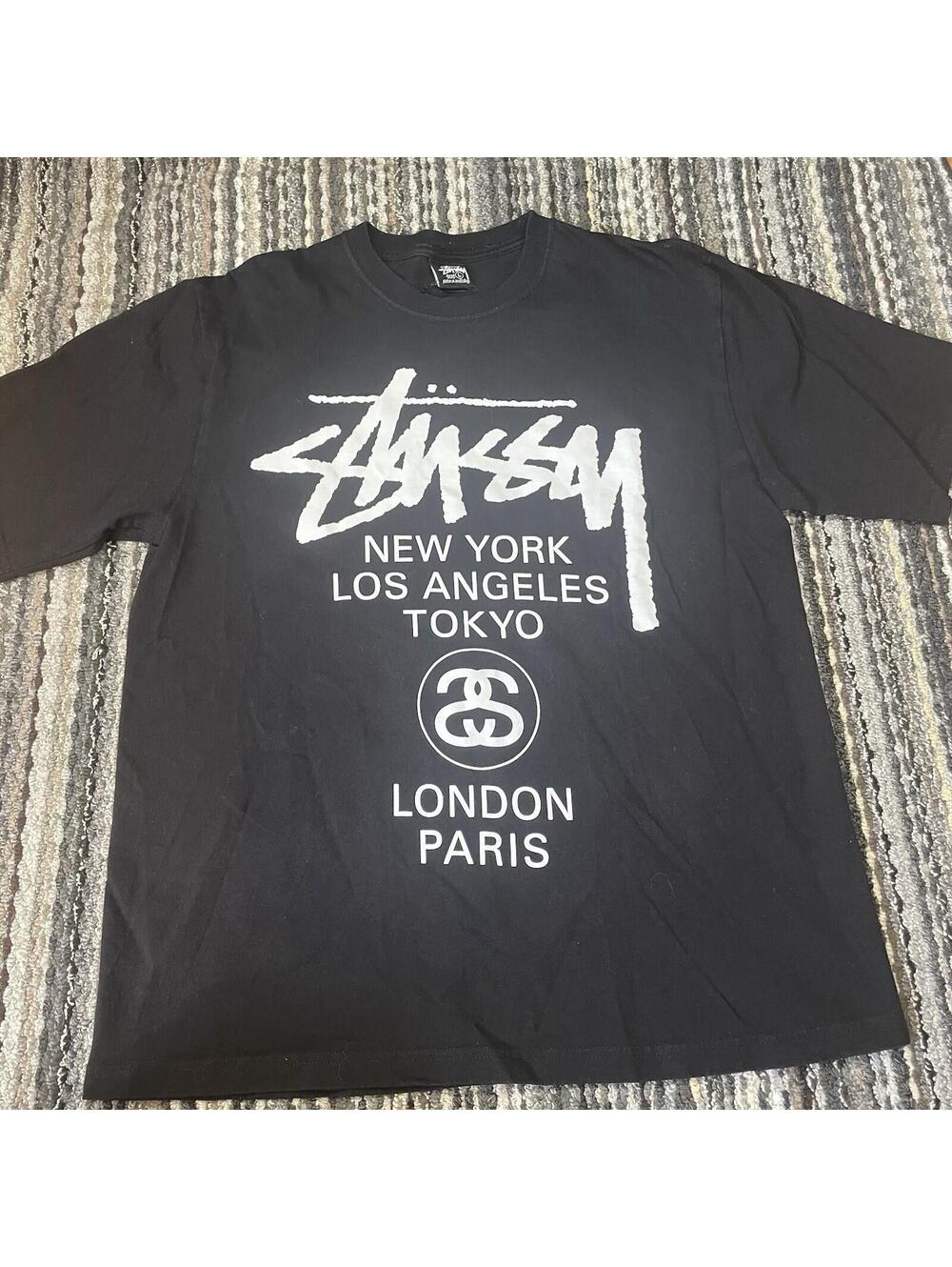 Y2K Stussy Men Large Black World Tour Short Sleeve Crew Neck Streetwear Tshirt